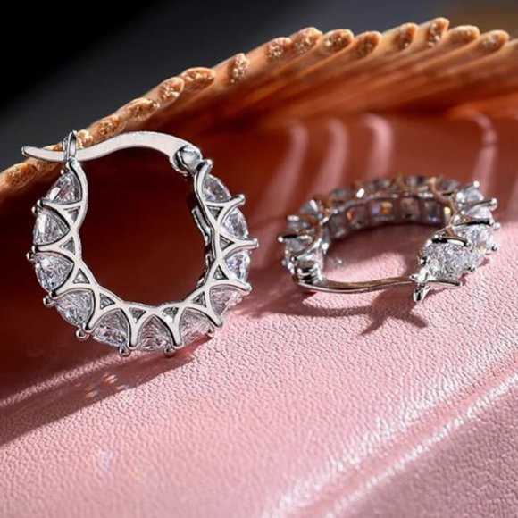 Jewelry - Solid 925 Sterling Silver Hoop Earrings with Cubic Zirconia Stones